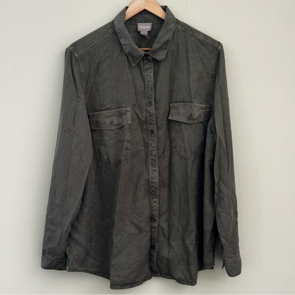Chico’s Green Soft Washed Femme Utility Button Down Shirt Size 3=16 XL - Picture 2 of 6